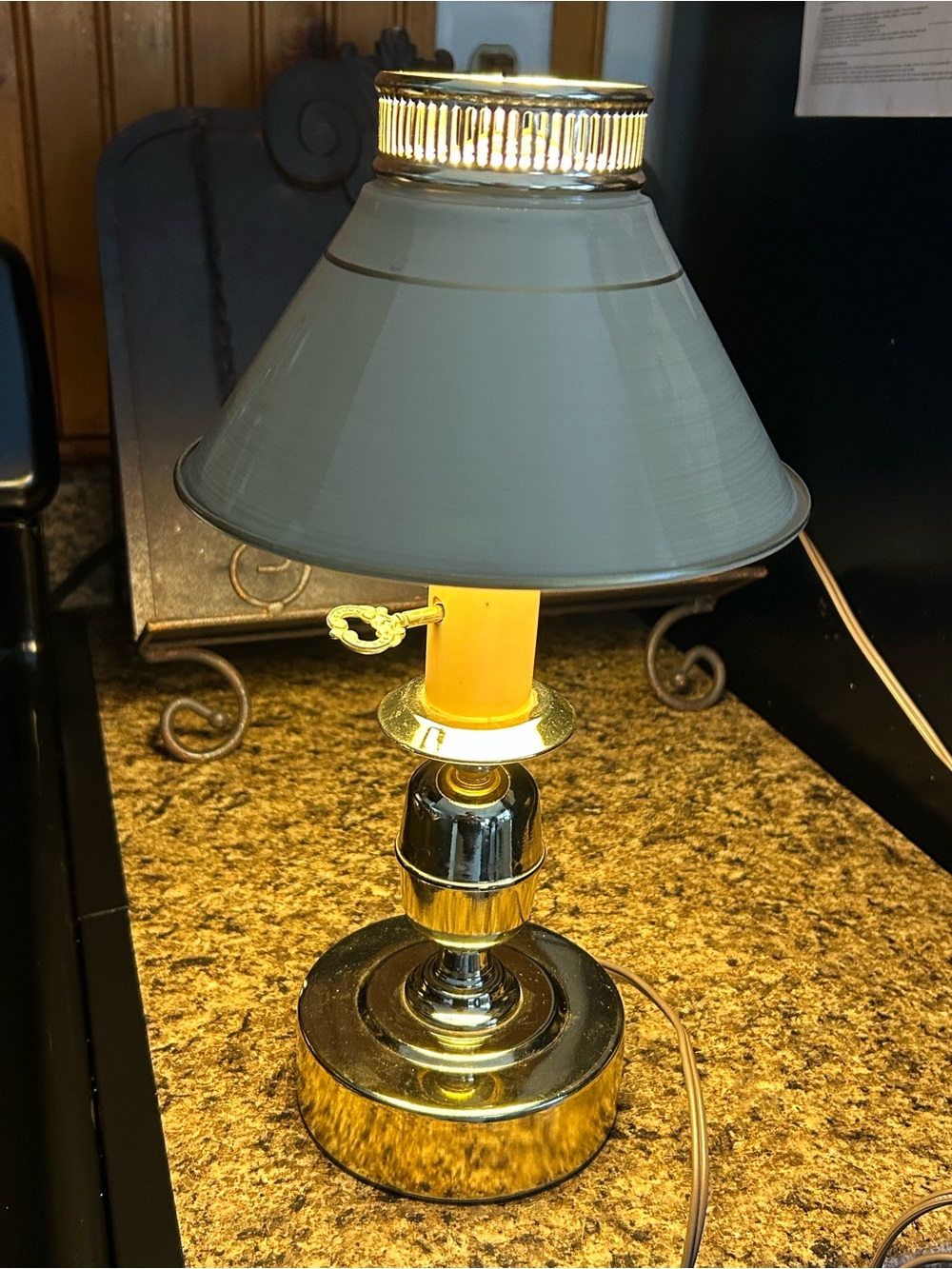 Small Vintage Tole Lamp With Metal Shade @13” Tall Gold Tones with Beige Shade